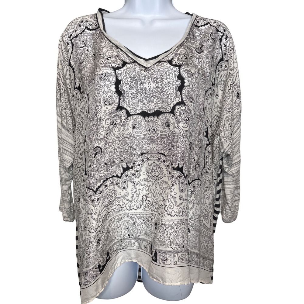 CAbi Womens Black White 100% Silk Paisley Striped Tunic Blouse Est Sz L Flowy